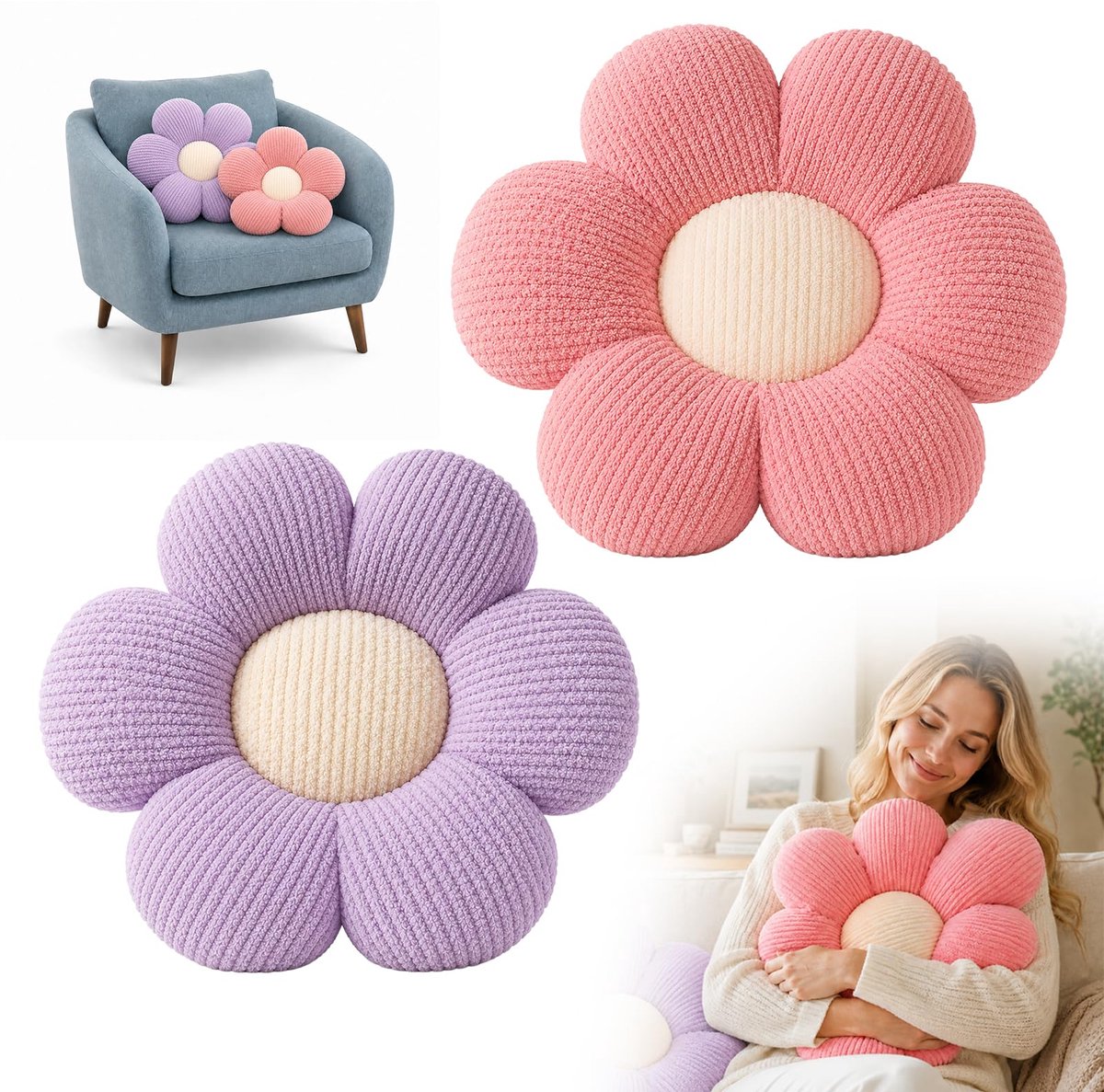 Bloemenkussens 40 x 40 cm - Zacht pluche - Madeliefje - Decoratief kussen voor bank - ShopVlot