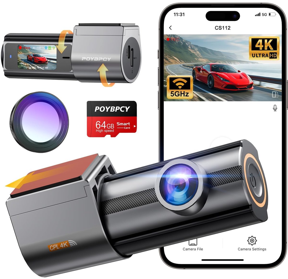 Dashcam 4K wifi met CPL filter autobeeldcamera 170° groothoek G-sensor app bediening met 64GB SD kaart