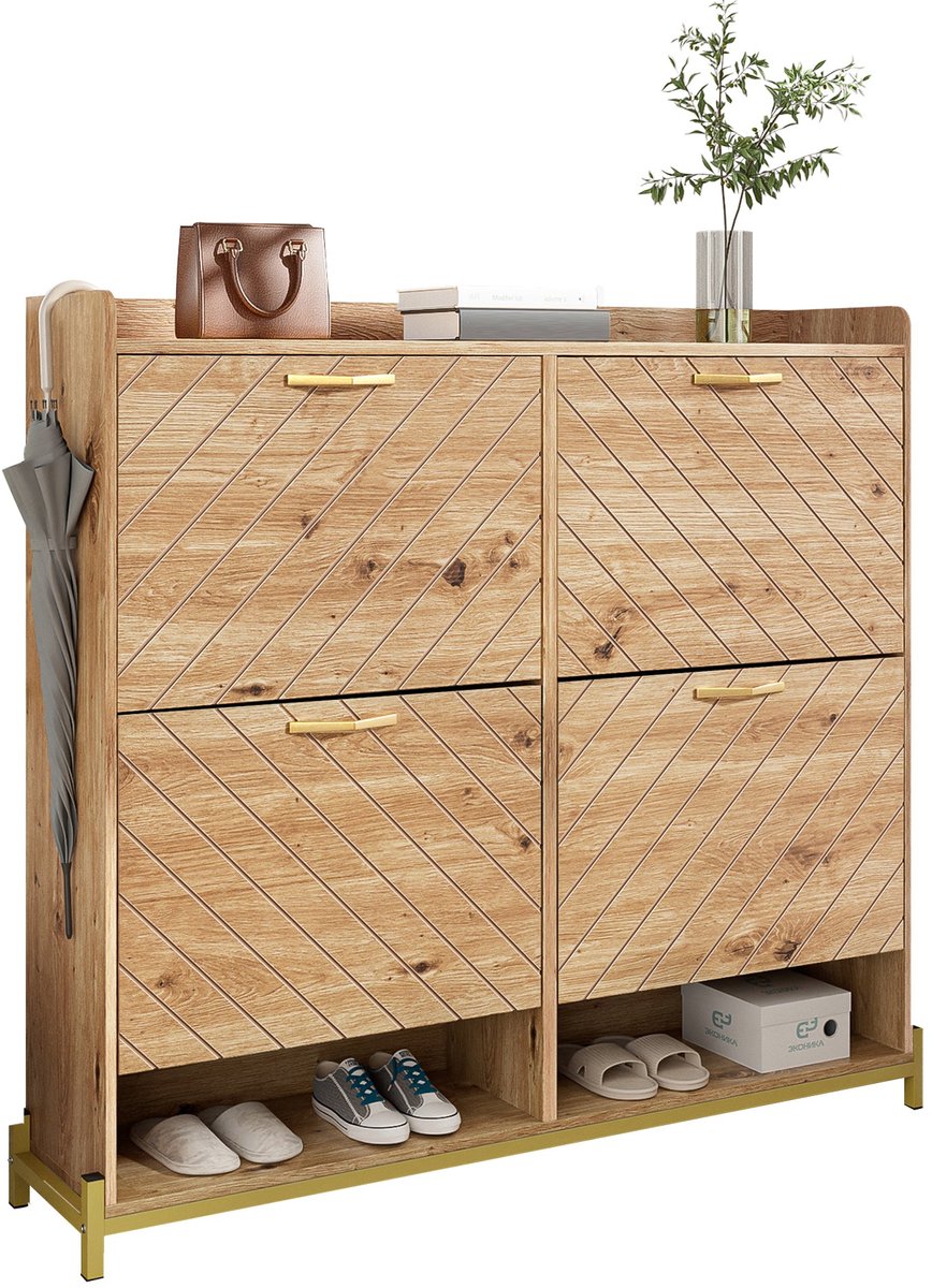 Merax Smalle Schoenenkast - 108,5 x 24 x 100 cm - Houtkleur - 4 Klepdeuren - Open Opbergvak - Goudkleurige Poten - Halmeubel