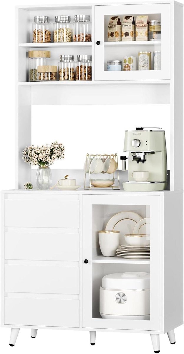 Keukenkast 180 cm - Buffetkast vitrinekast - Keuken opbergen - Met werkblad - 80 x 40 cm - Wit