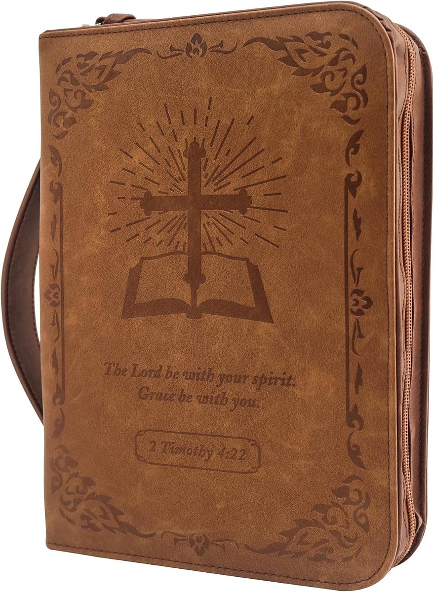 Bijbelhoes met Psalm 46:10, PU Leer, Grote Vintage Bruine Zipper Tas met Handvat, Ideaal voor Bijbel en Notities