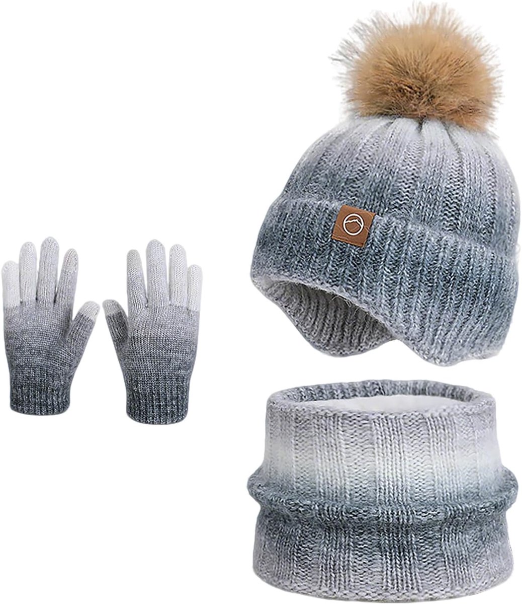 Tiakay Set muts sjaal handschoenen kinderen 4-10 jaar - oormuts fleece kleurverloop, snood en touch-handschoenen - ShopVlot