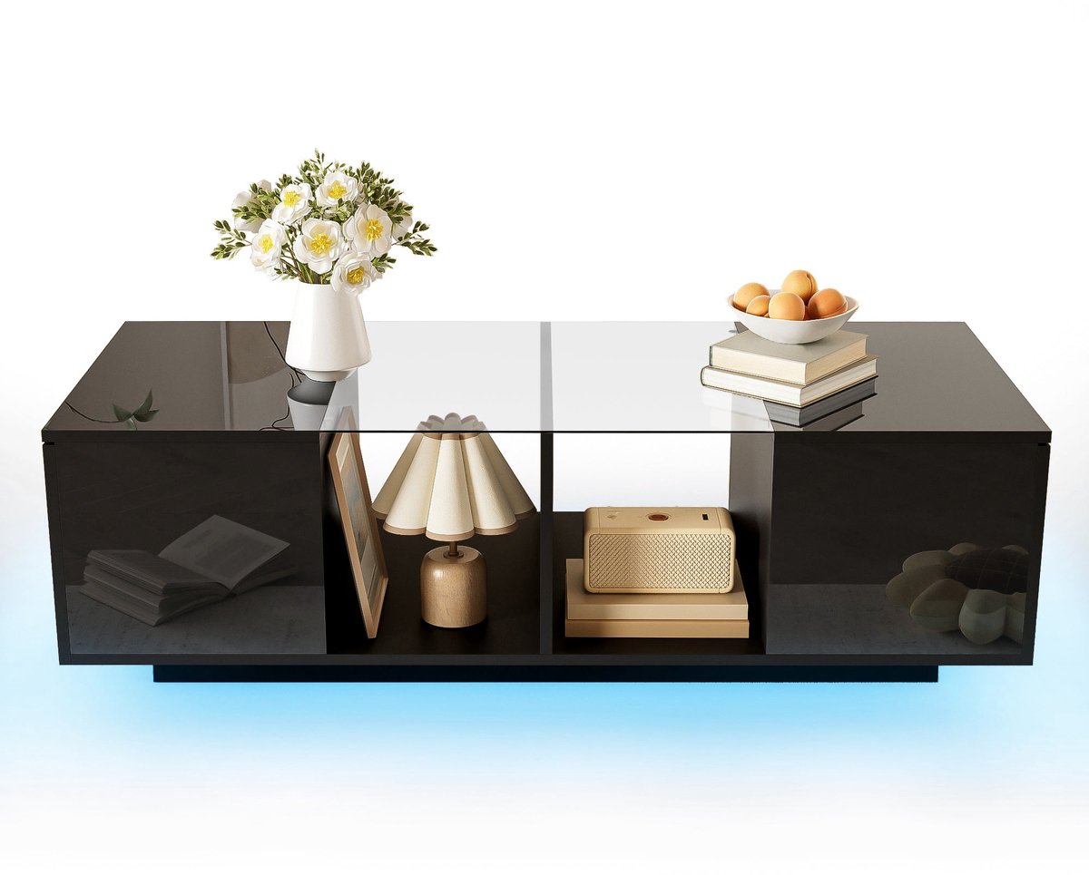 Merax Moderne Salontafel 120 x 50 x 38,5 cm - Zwart - Ledverlichting met 16 Kleuren - Glazen Middenblad - Opbergruimte