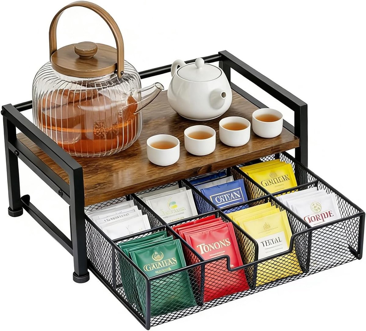 Theezakjesorganizer - Bruin - - Houten Thee-opbergdoos met 8 Vakken - Voor Keuken en Theestation