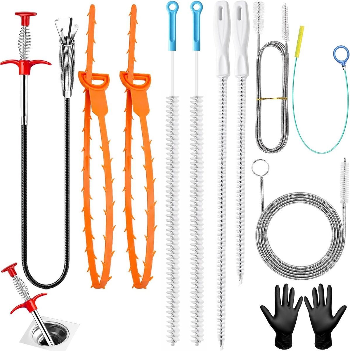 Afvoerreiniger Set - Multi-kleur - 11 Delen - Flexibele Buisreinigers met Diverse Borstels - Voor Huishoudelijk Gebruik