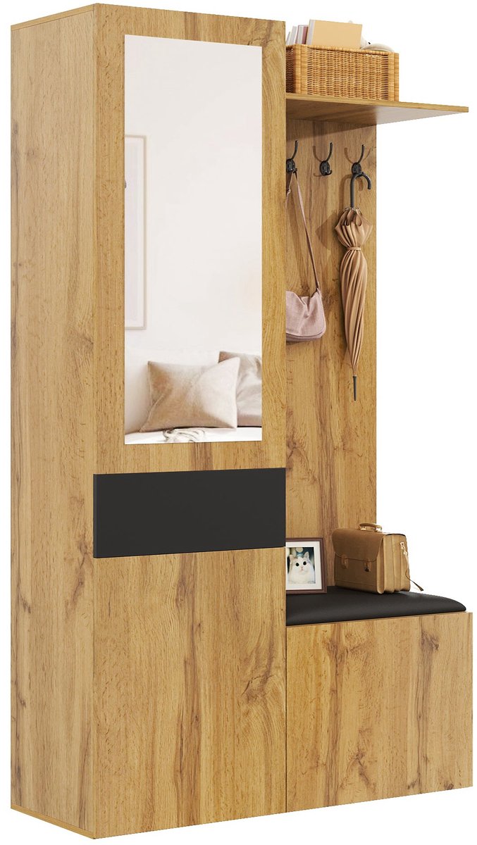 Merax Halmeubel met Spiegel en Schoenenkast - 98,5 x 38 x 191 cm - Houtkleur en Zwart - Zitbank - 5 Kapstokhaken - Verstelbare Legplanken