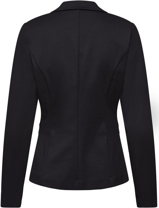 Achterkant van een zwarte dames blazer met gevormde naden.