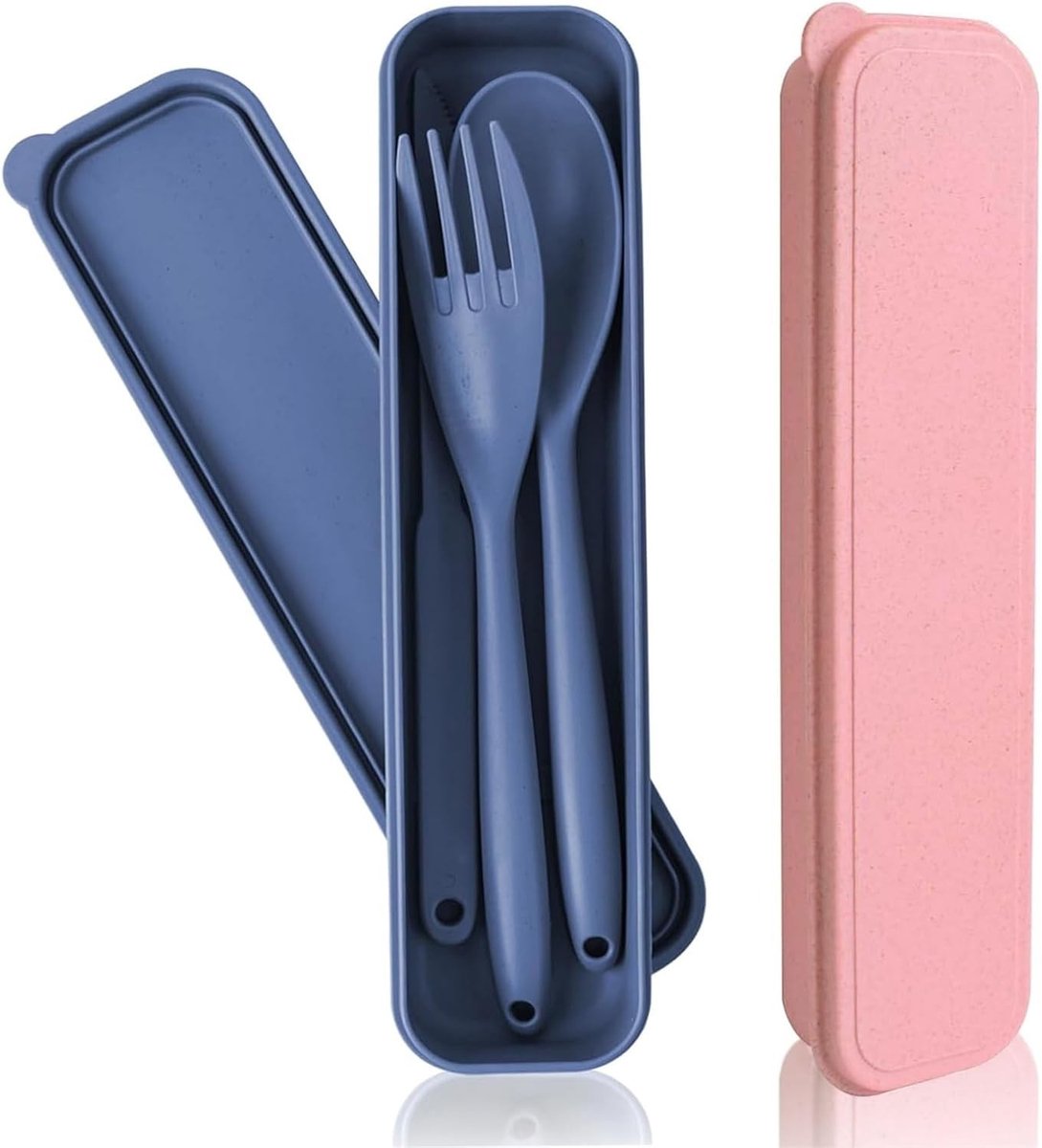 Draagbaar bestekset voor onderweg met etui - Herbruikbaar plastic bestek voor kamperen, picknicken en schoolgebruik, inclusief lepel, mes en vork
