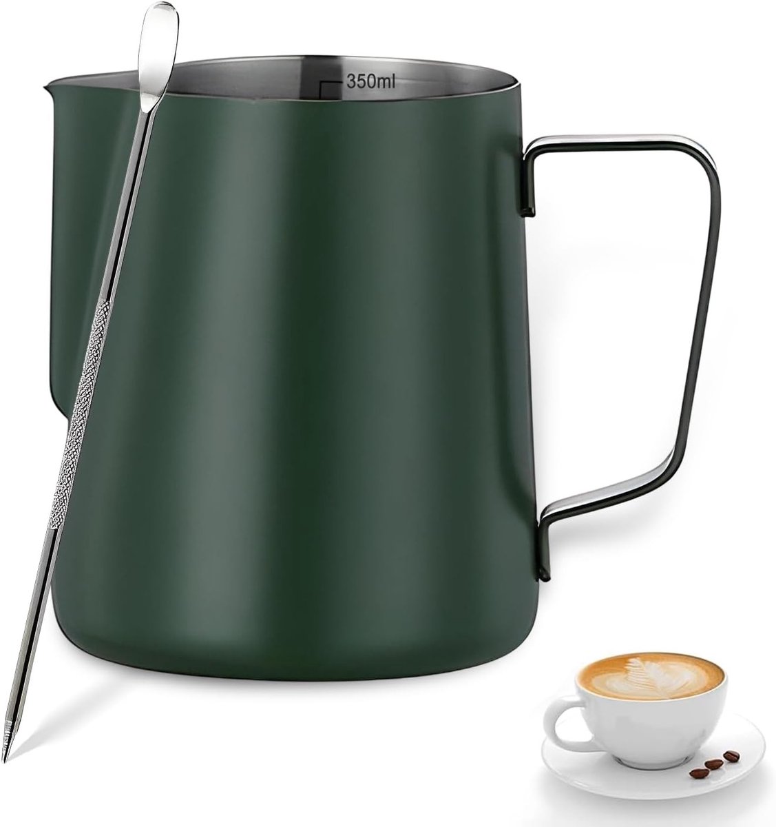 Melkkannetje van RVS 350 ml met maatmarkering voor cappuccino en latte, ideaal voor barista's en koffieliefhebbers