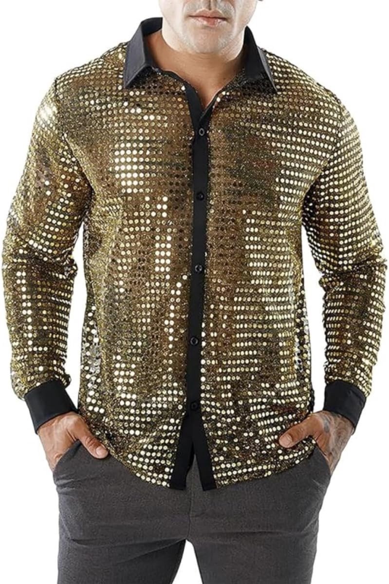 Retro Glanzend Overhemd met Lange Mouwen voor Disco Feesten, 70s 80s Stijl, Perfect voor Dansen en Feestjes