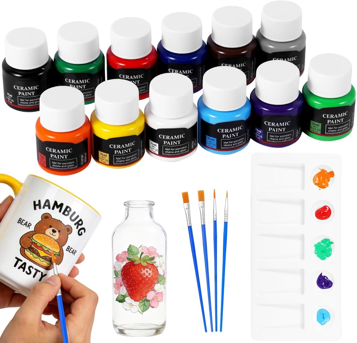 Kleurrijke porseleinverf set van 12 kleuren, vaatwasserbestendig, inclusief kwast en palet, permanente keramische verf voor beginners en kunstenaars, 25ml waterdichte verf voor keramiek en glas