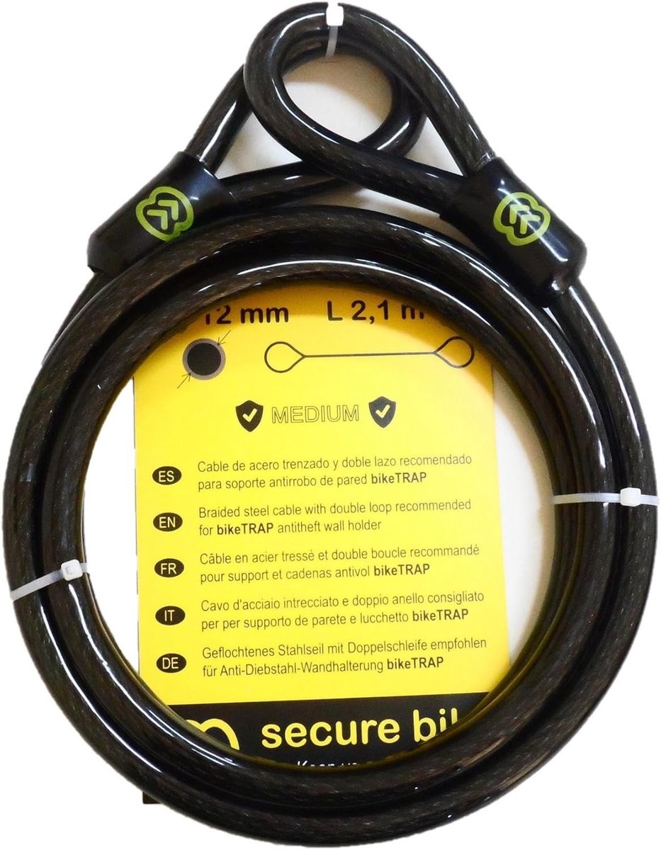 Fiets Diefstalbeveiliging - Staal - 2,1 m x 12 mm - Gevlochten Kabel met Dubbele Lus - Voor Fietsen