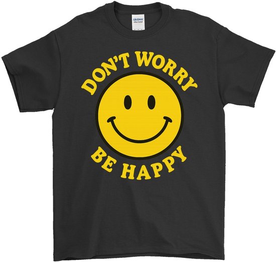 Zwart T-shirt met gele tekst "DON'T WORRY BE HAPPY" rond een grote gele smiley.