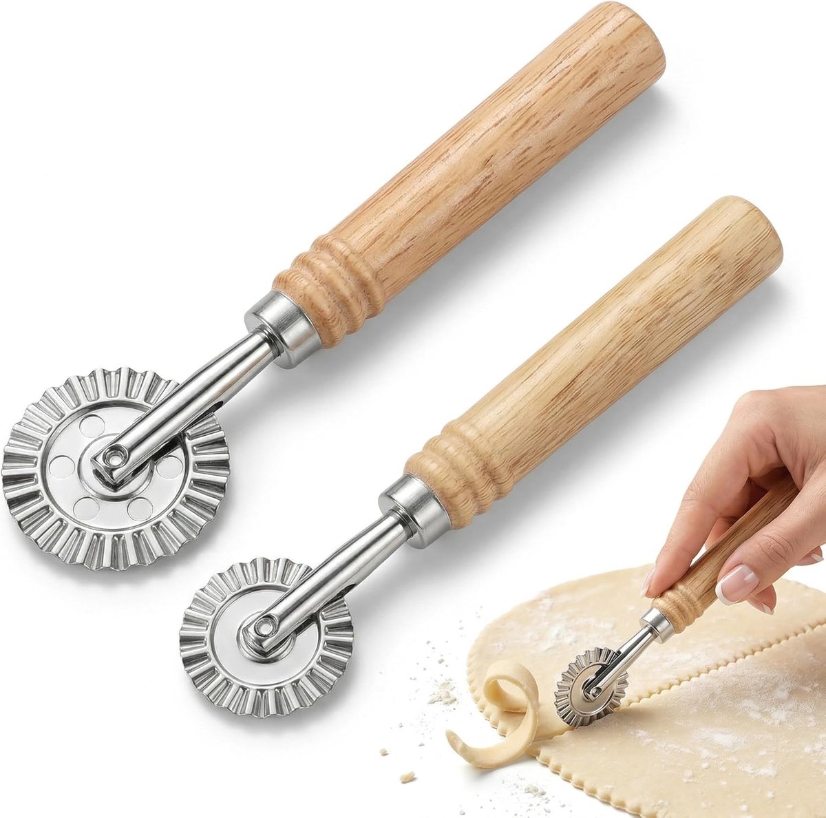 Deegsnijder set 2 stuks - gegolfd deegroller - houten handvat - ideaal voor pasta maken - ShopVlot