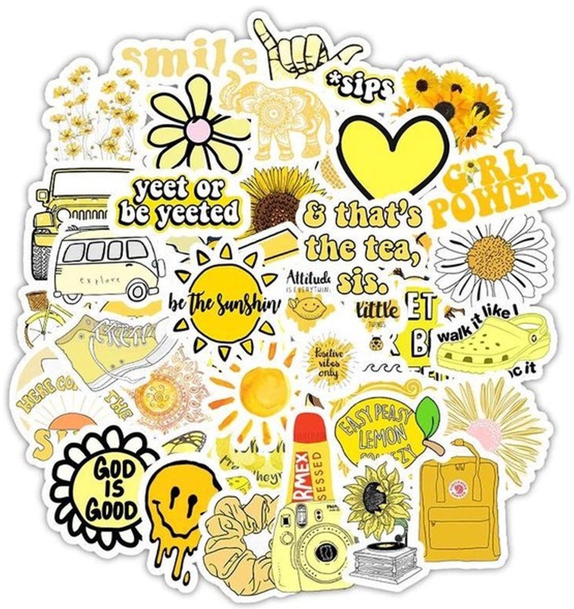 50 Gele VSCO Stickers – Bloemen, Bijen, Teksten & Lifestyle