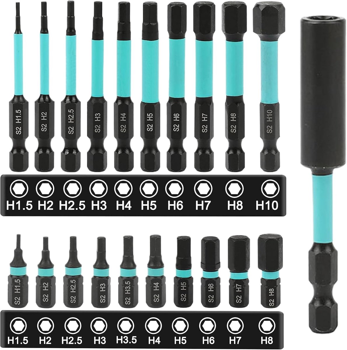 Set van 20 Hex Schroevendraaier Bits, 1/4 Inch S2 Impact Bits met Verlengstuk, Geschikt voor Accuschroevendraaiers en Diverse Toepassingen, Lengte 25-60mm