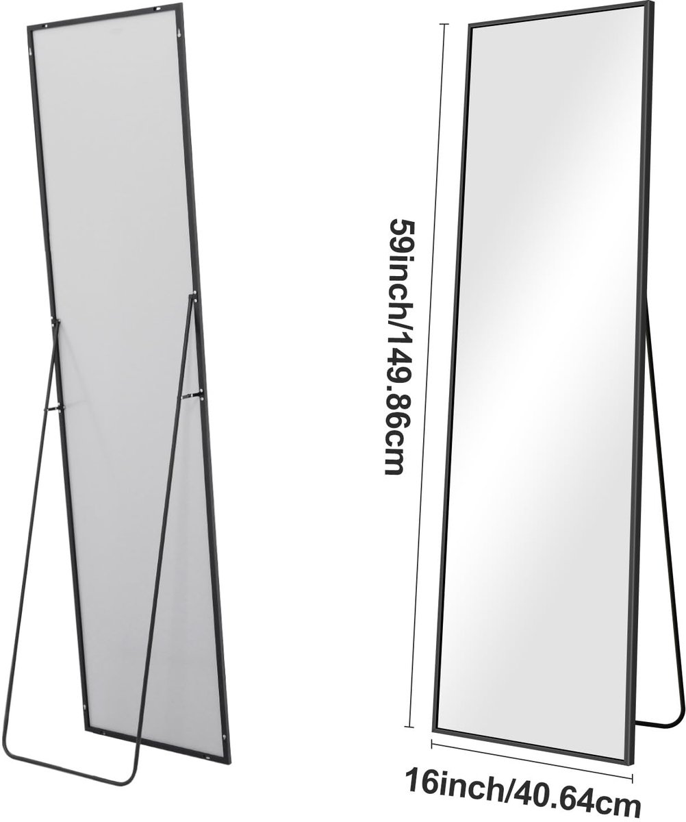Staande spiegel 150 x 40 cm - zwart aluminium - rechthoekig - perfect voor slaapkamer of kleedkamer - ShopVlot