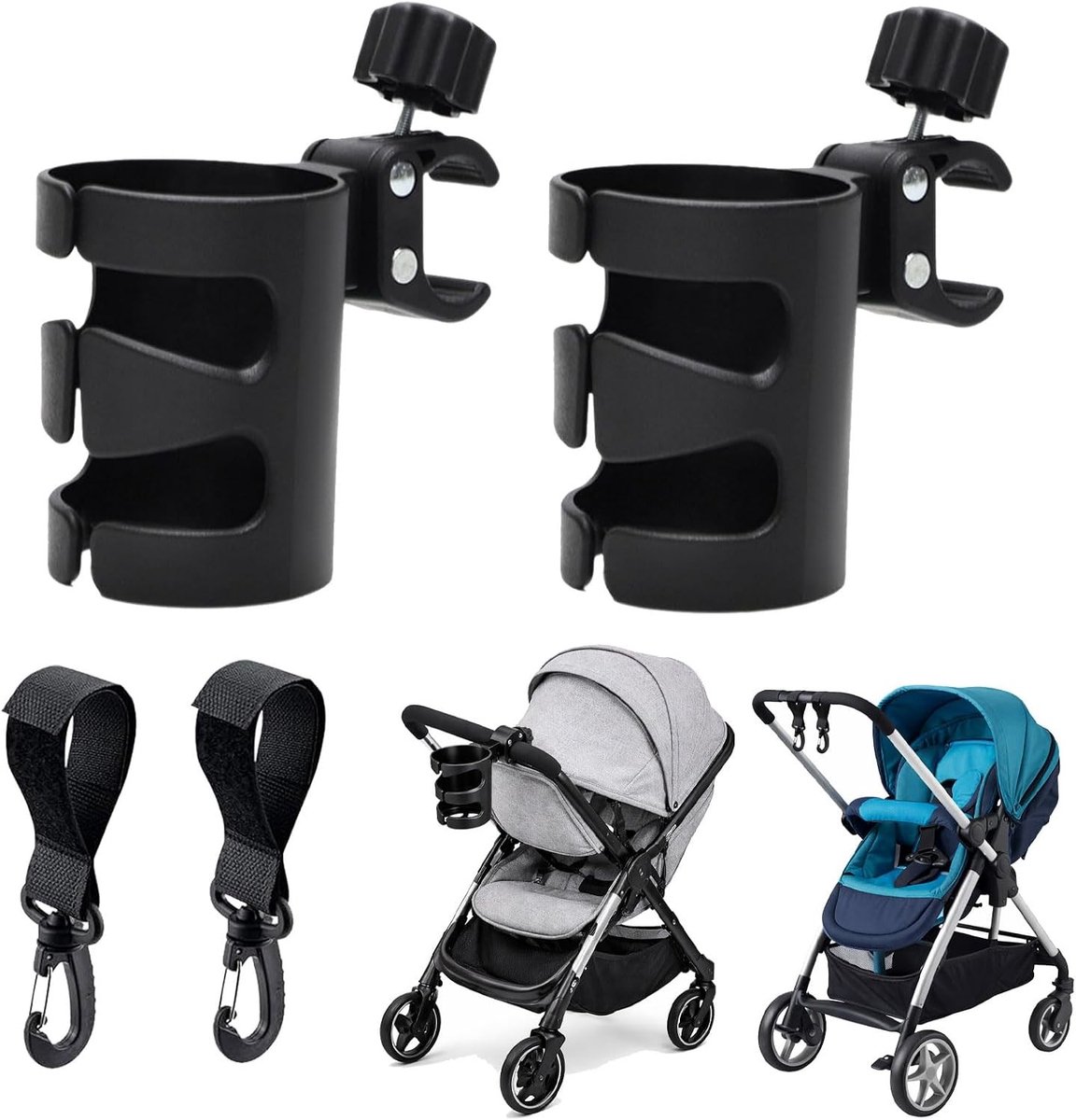 Universele Drinkhouders voor Kinderwagens met 2 Haakjes - Verstelbare 360° Rotatie voor Flessen en Bekers