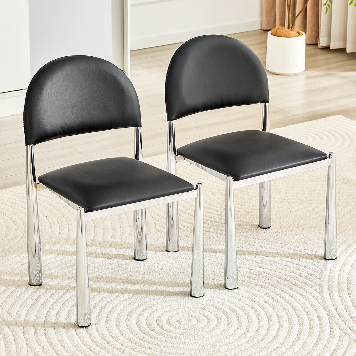 Welltin Eetkamerstoelen - Set van 2 - Moderne Eetkamerstoel Set - Gestoffeerde Eetkamerstoel - Halfronde Rugleuning - PU Leren Stoel - Keukenstoel - Woonkamerstoel - Eetkamerstoel met Metalen Poten - Stoel voor Eetkamer en Keuken - Zwart