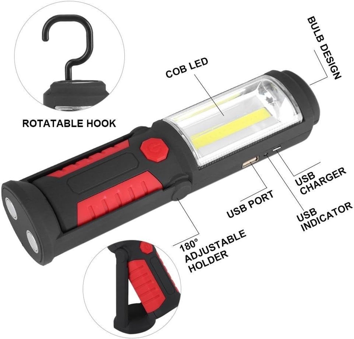 Oplaadbare LED Werklamp - Rood - 21,5 x 5,5 cm - Met Magnetische Houder en Draaibare Voet - Voor Camping en Noodsituaties