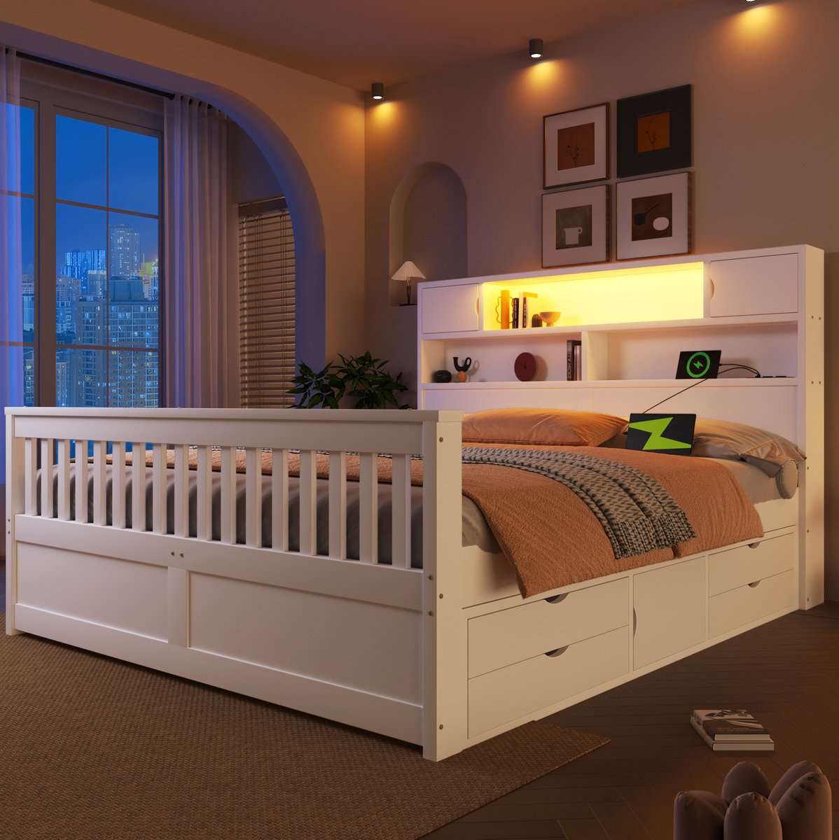 Wishdor Bed 160x200 cm - Met opbergruimte, led-verlichting en vier lades - Modern platformbed met boekenkast hoofdbord en wit MDF en hout