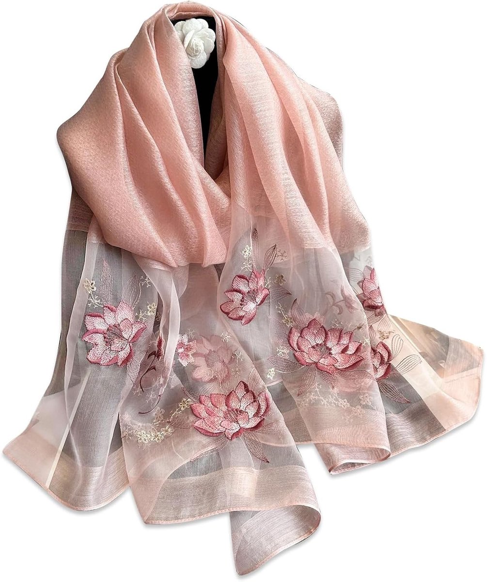 Zijdeachtige sjaal met delicate rozenborduursels, transparante tule en zonbescherming voor dames, perfect voor de lente en herfst