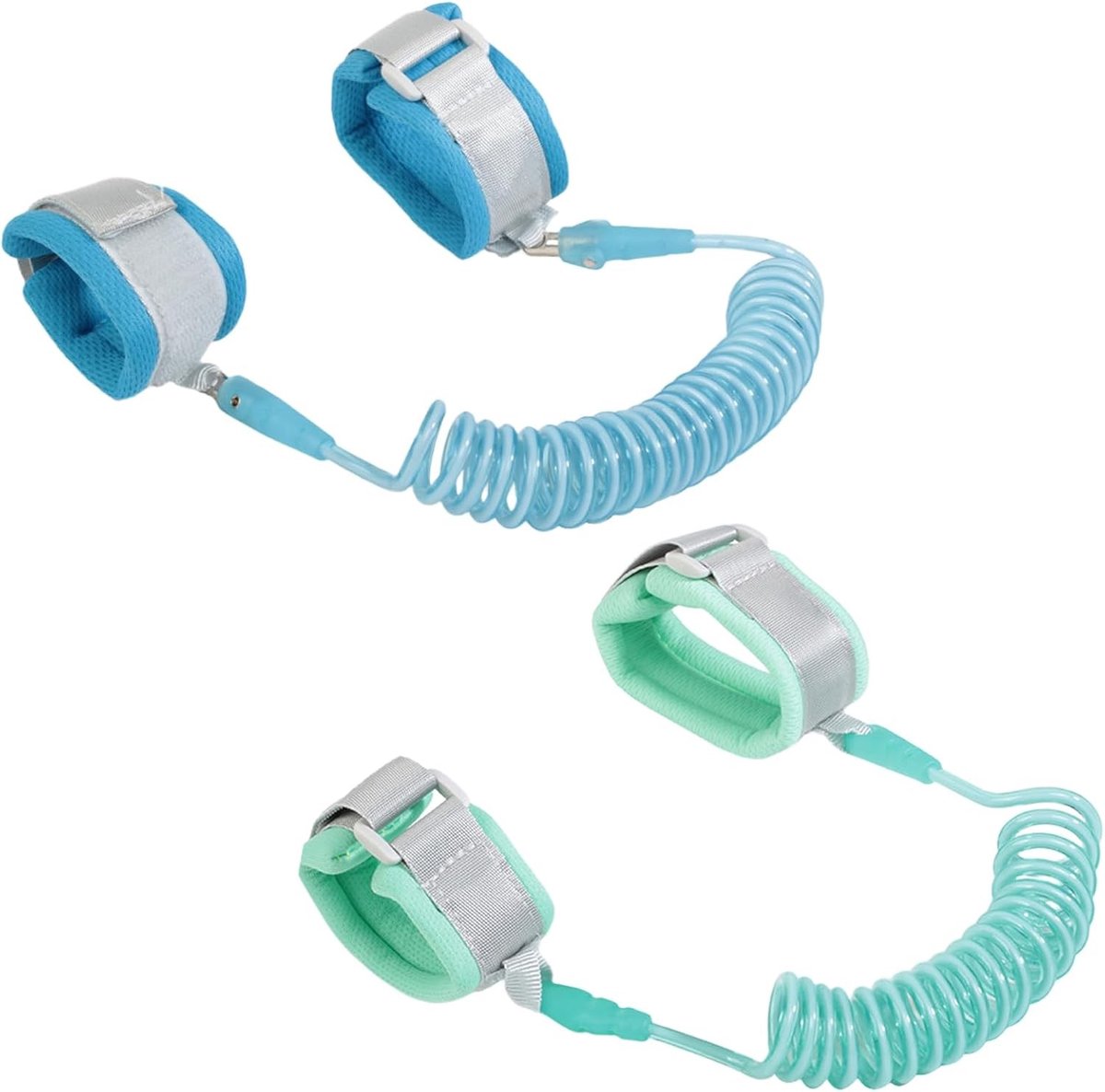 Veiligheidsriem voor Kinderen - 1.5m Anti-Verlies Polsband met 360° Draai en Veiligheidsvergrendeling, Reflecterend voor Buiten en Reizen - Set van 2 in Groen/Blauw