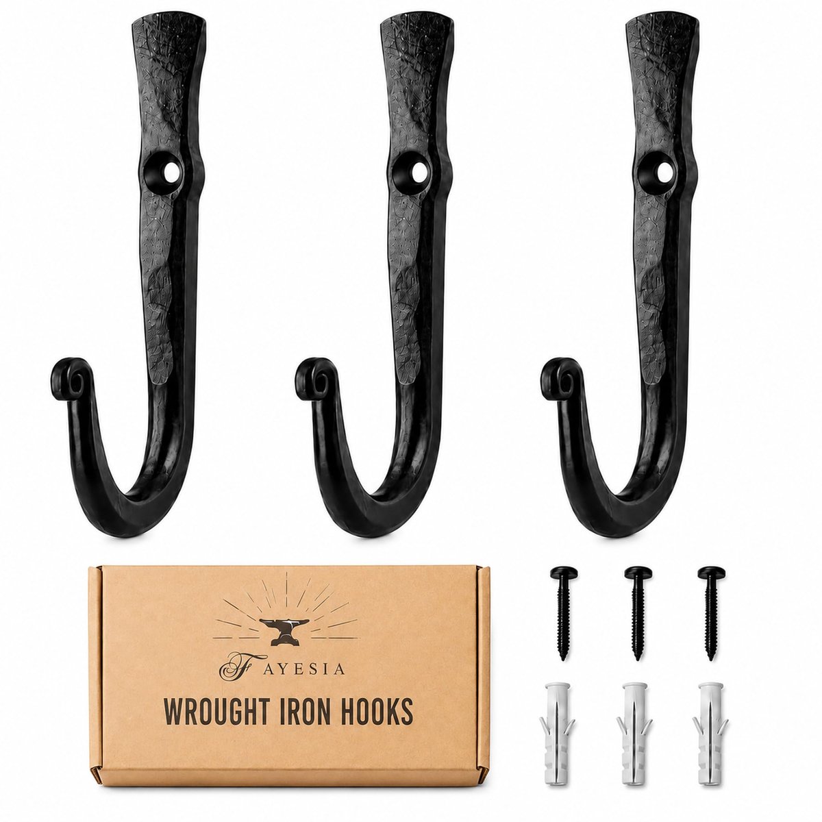 Wandhaken set van 3 - smeedijzer - rustiek zwart - voor jassen en hoeden - ShopVlot