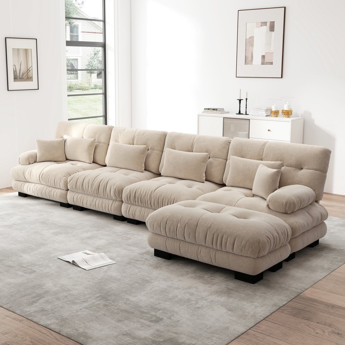 MODENUIT Hoekbank 406 cm - Modulair L-vormig Met Verplaatsbare Ottoman - Voor Woonkamer - Stof - Lichtbruin