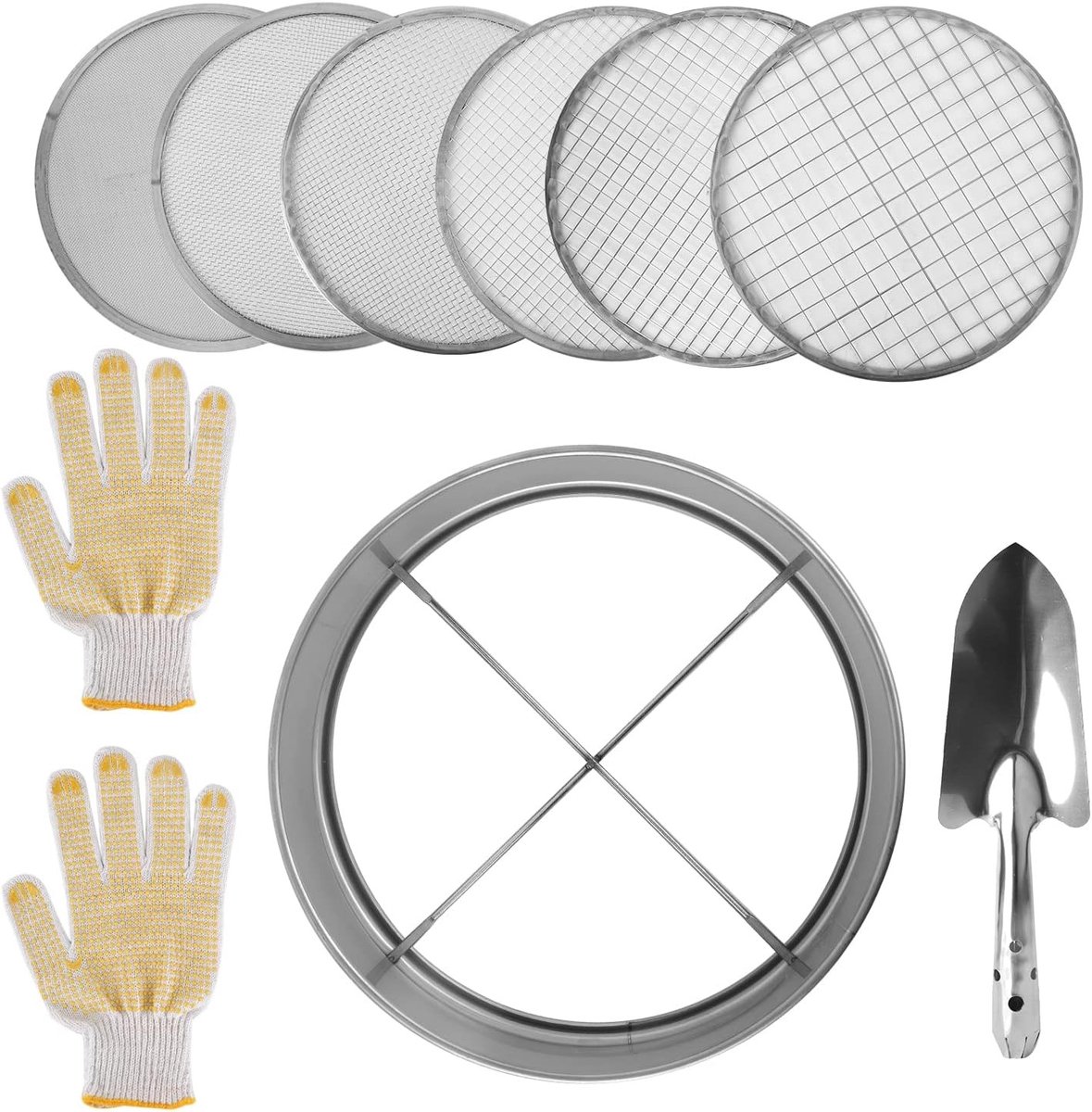 Tuinscherm met RVS Frame 20cm - 6 Verwisselbare Zeeffilters, Set met Spatel en Tuinhandschoenen voor Efficiënt Tuinieren en Grondbewerking