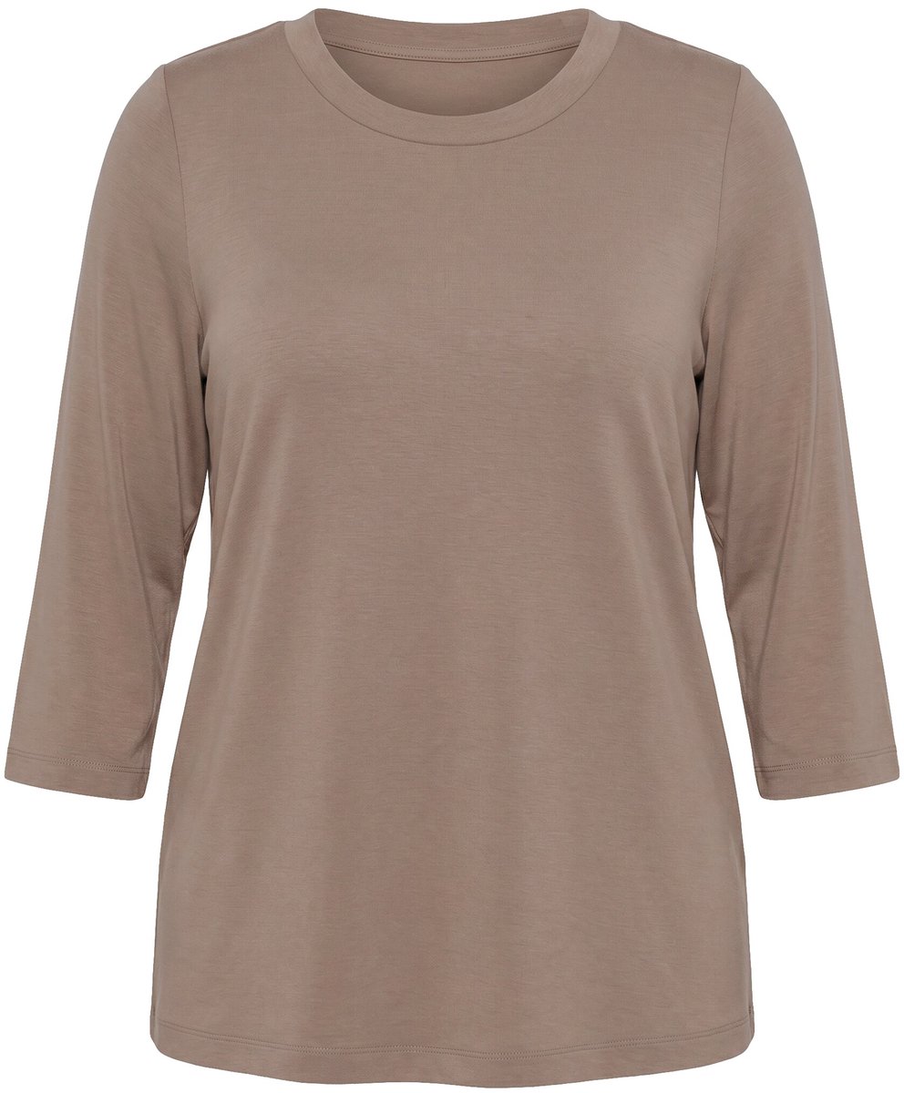 Ulla Popken - Dames - Shirt ribboordje ronde hals 3/4-mouwen - Bleekbruin - Maat 46+
