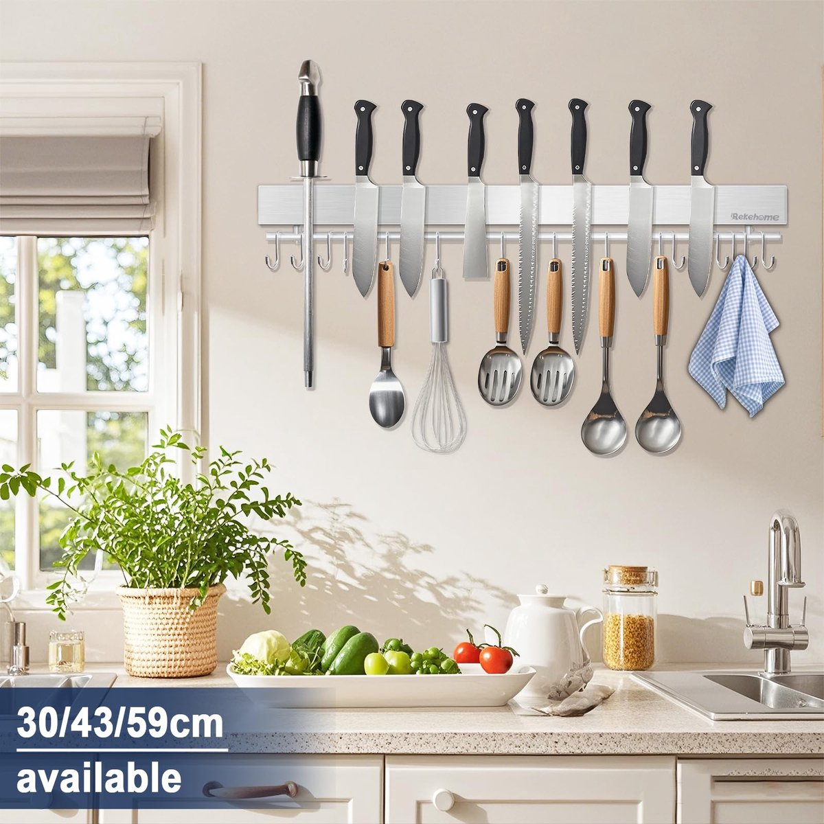 Messenhouder 59 cm - Magnetisch met 15 haken - Geen boren - Ideaal voor keukengerei - ShopVlot