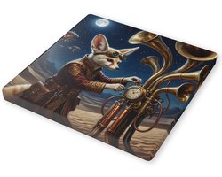Canvas schilderij woestijnvos uitvinder met hoorns wanddecoratie met fennek als uitvinder in woestijn bij maanlicht met koperen grammofoon hoorns en luchtschepen in steampunk stijl