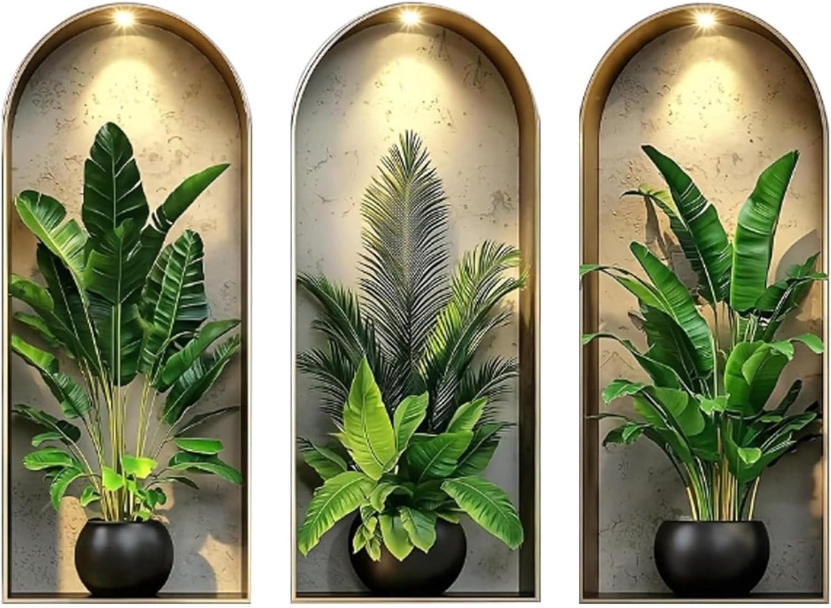 3D-plantenmuurstickers 25 x 60 cm - zelfklevende vinyl wandtattoo - met groene potplanten - ShopVlot