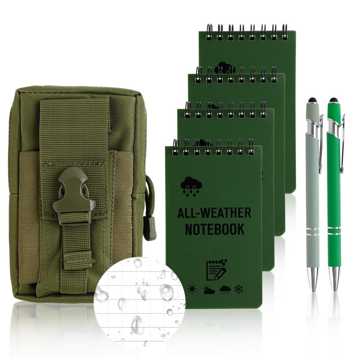 Waterdichte notitieboeken 4 stuks - spiraalbinding - met Molle-tas en gelpennen - ideaal voor buitengebruik - ShopVlot