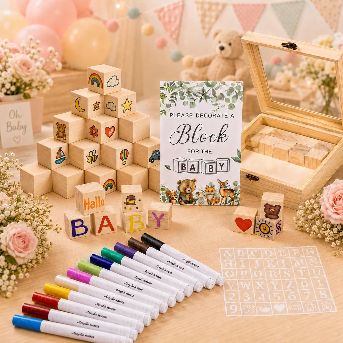 104-delige babypartyspelset met 48 houten dobbelstenen om te beschilderen, 42 sjablonen, 12 acrylstiften, houten bord - ShopVlot