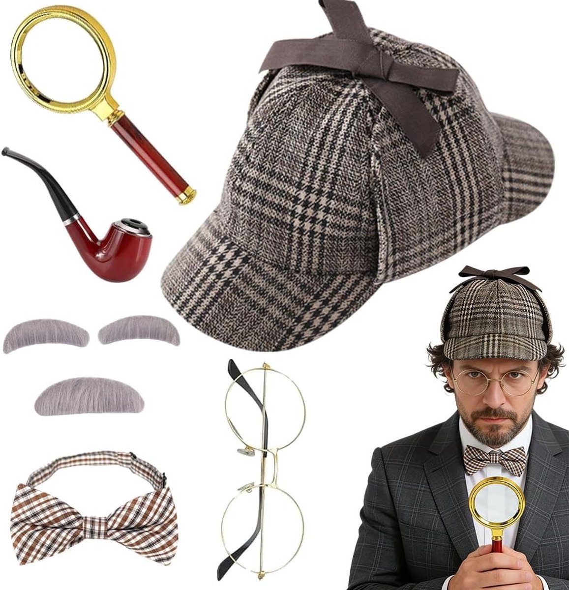 Detective kostuumaccessoires set met hoed, vergrootglas, bril en vlinderdas voor cosplay en verkleedpartijen voor kinderen en volwassenen