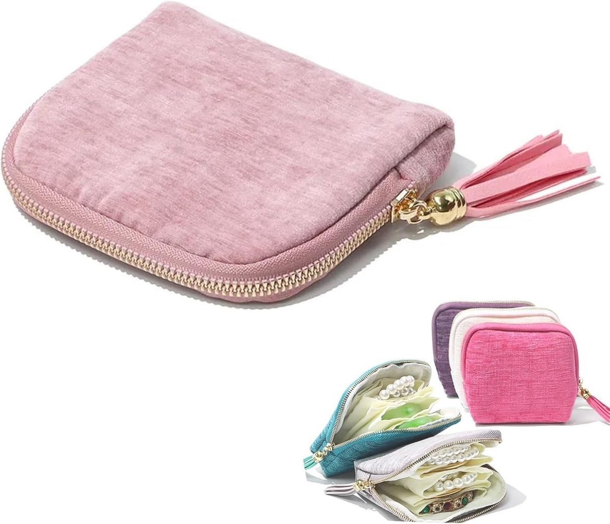 Compacte Reiskosmetiekoffer voor Sieraden met Rits en Kwastje, Ideaal voor Oorbellen, Kettingen en Armbanden, Perfecte Cadeaus voor Vrouwen