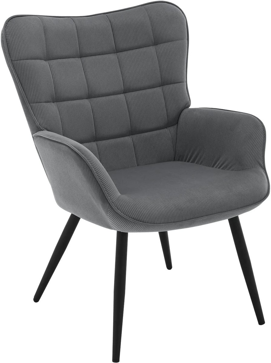 Klarven® Loungestoel Donkergrijs - Ergonomisch Wingback Design met Diepe Zit 42x39 cm, Zachte Corduroy Bekleding - Draagvermogen 150 kg, Stabiel Metalen Frame - B 63 x D 68 x H 87 cm
