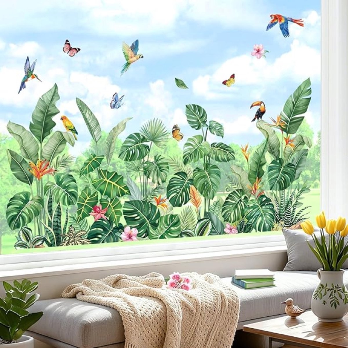 Raamstickers Tropische Bladeren Groen - Set van 8 - Herbruikbaar - 21x30 cm - Voor Glas, Spiegel en Tegels