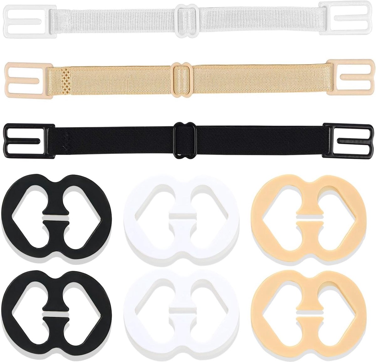 9-delige set met comfortabele en verstelbare bh-houders, antislip clips en elastische banden voor alle cupmaten in wit, zwart en beige