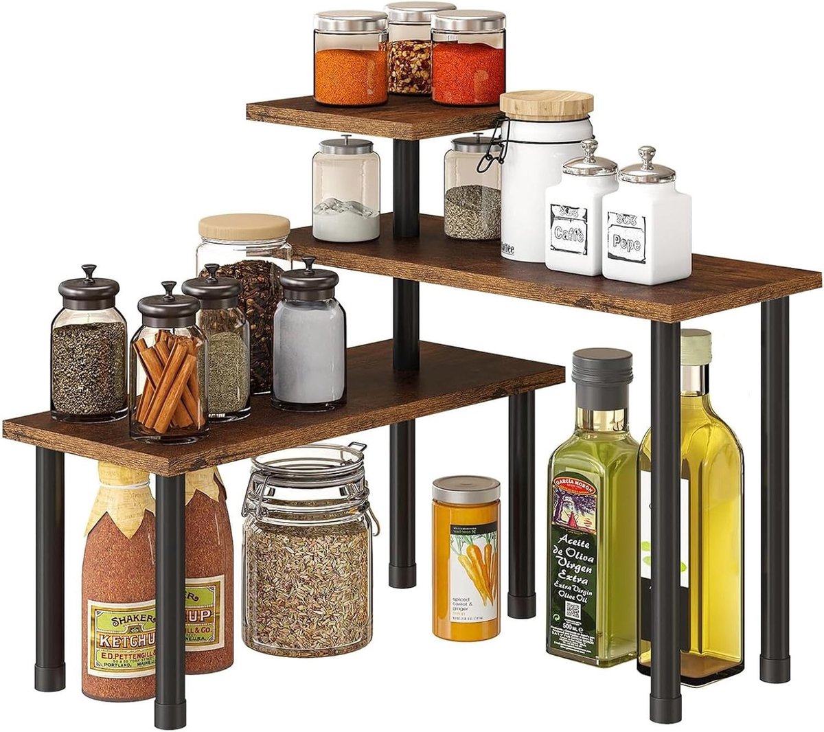 Hoekplank voor Keuken met 3 Niveaus, Verstelbare Plank, Kruidrek, Zwart, Ideaal voor Eetkamer, Kantoor en Badkamer, Ruimtebesparend en Stijlvol Design