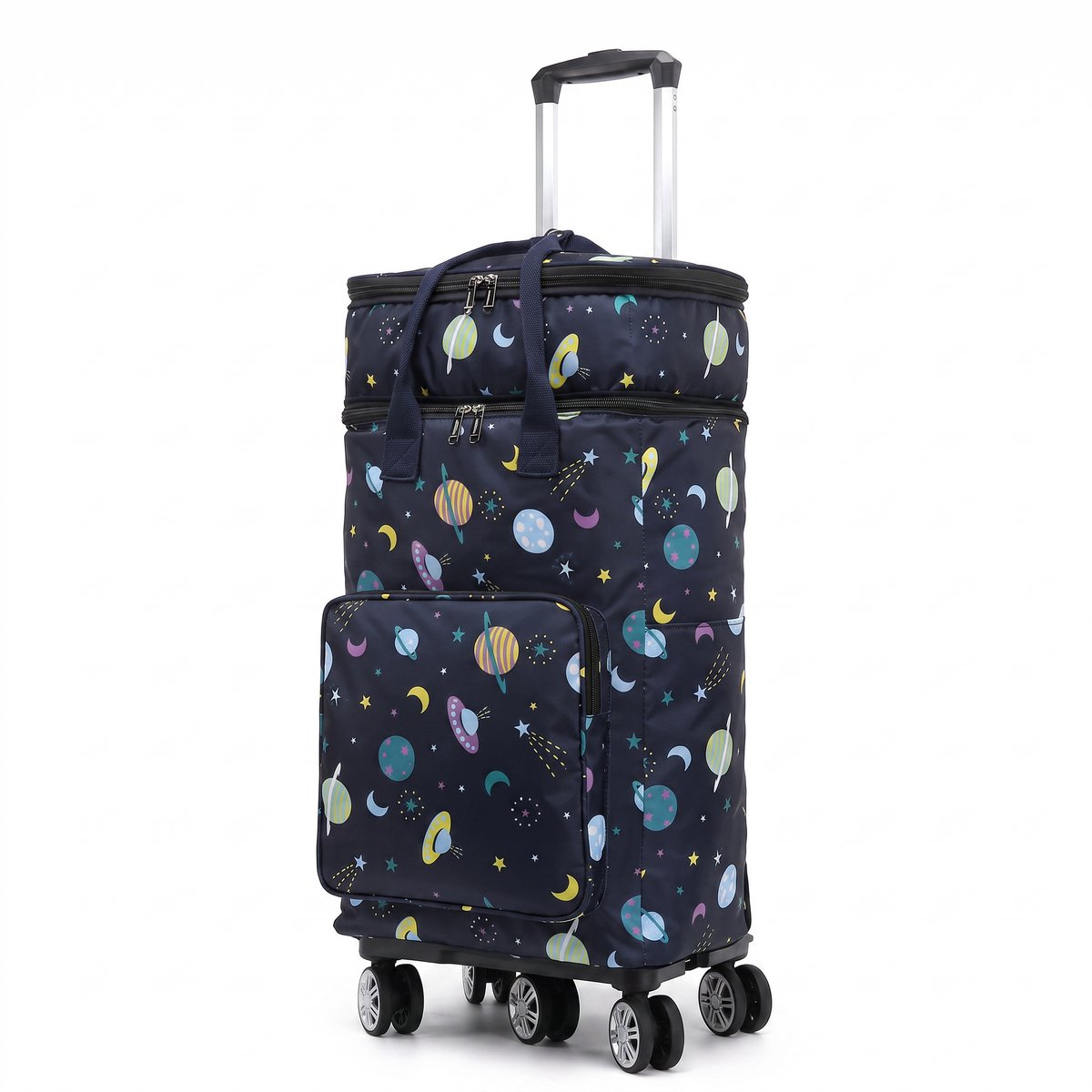 Gotrolly Boodschappentrolley - Plat Inklapbaar - 2 Geïsoleerde Vakken - Met 5 Draaiende Wielen - 100% Waterdicht - Planetenprint