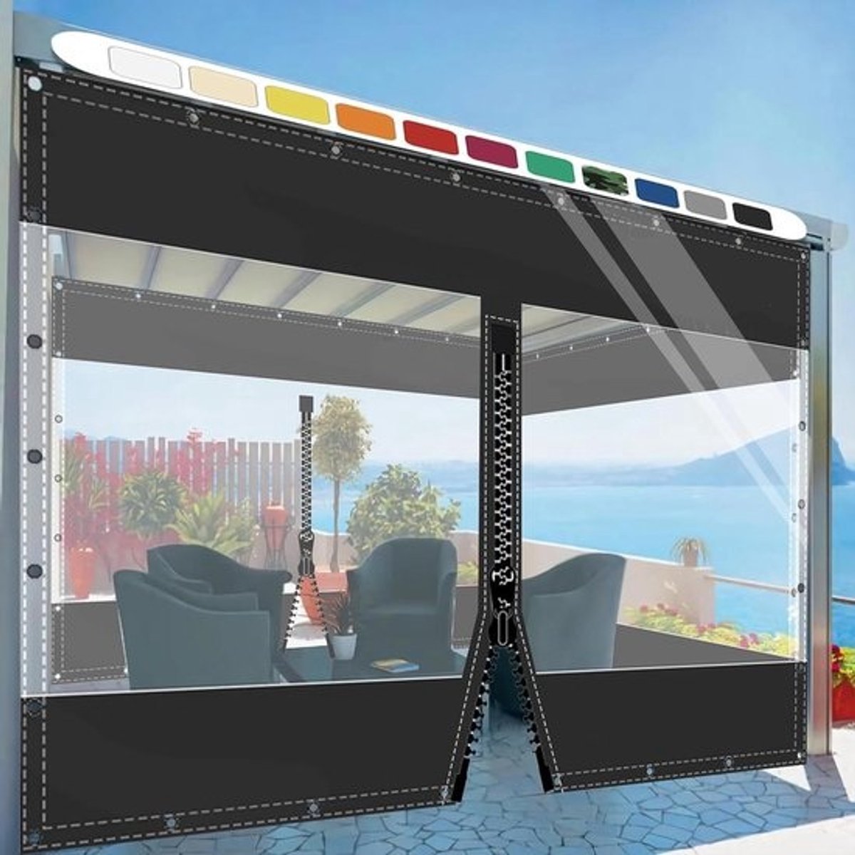 Transparant Paviljoenzeil - Tuinzeil PVC Gordijn - Buitenruimte Afschermen - Met Ritssluiting - 3x48 m - Zwart