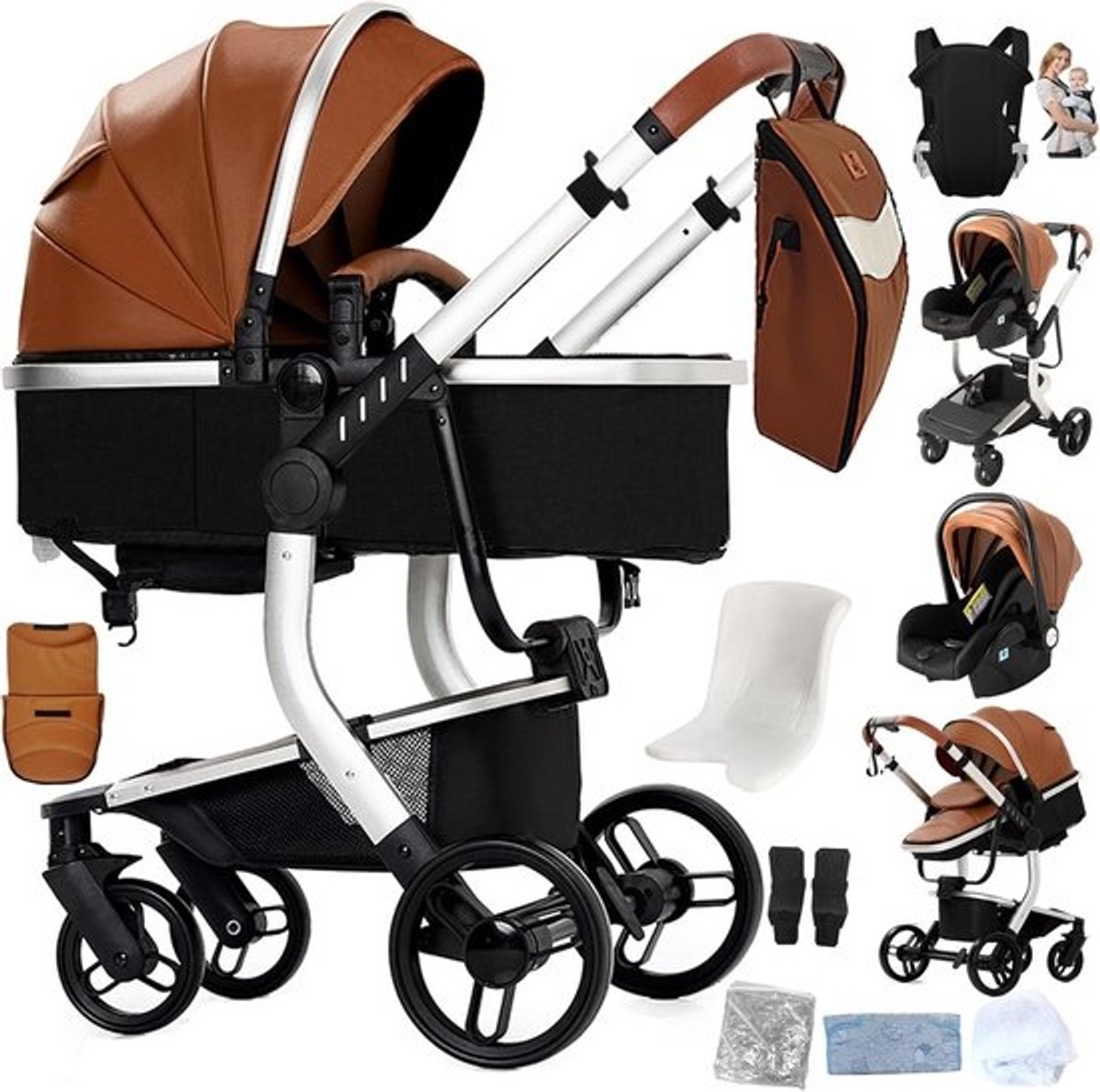 3-in-1 Kinderwagen - Reiswieg Pram - Comfortabel Reizen - Omkeerbare Zitrichting - 30x61x105 cm - Khaki