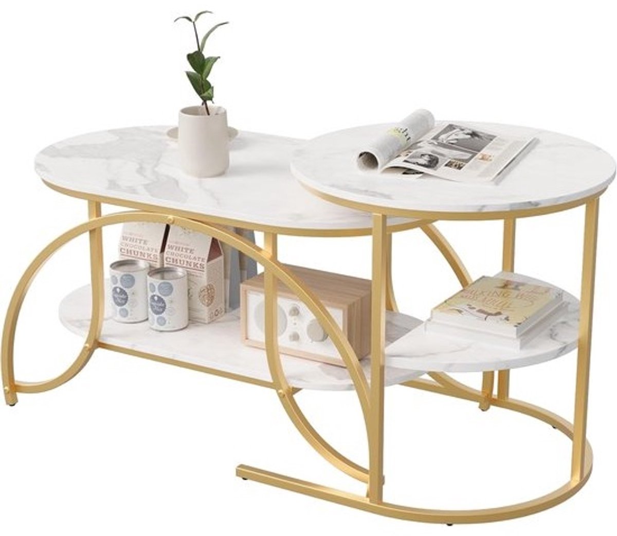Marmeren salontafel - Modulaire tafel bijzettafel - Woonkamer meubilair - Verstelbare poten metaal - 80 x 46 x 45 cm