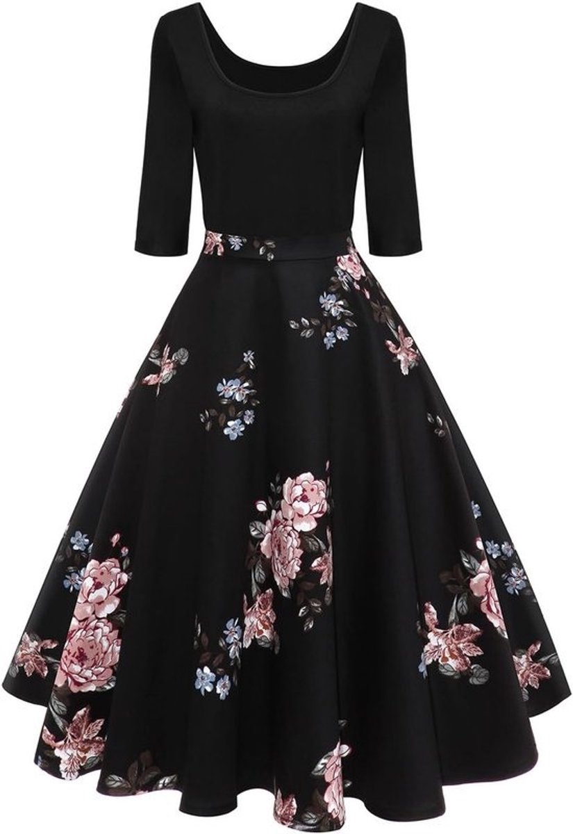 Dames Vintage Bloemen Jurk 1950s Stijl Knielengte Halflange Mouwen Zwart XXL