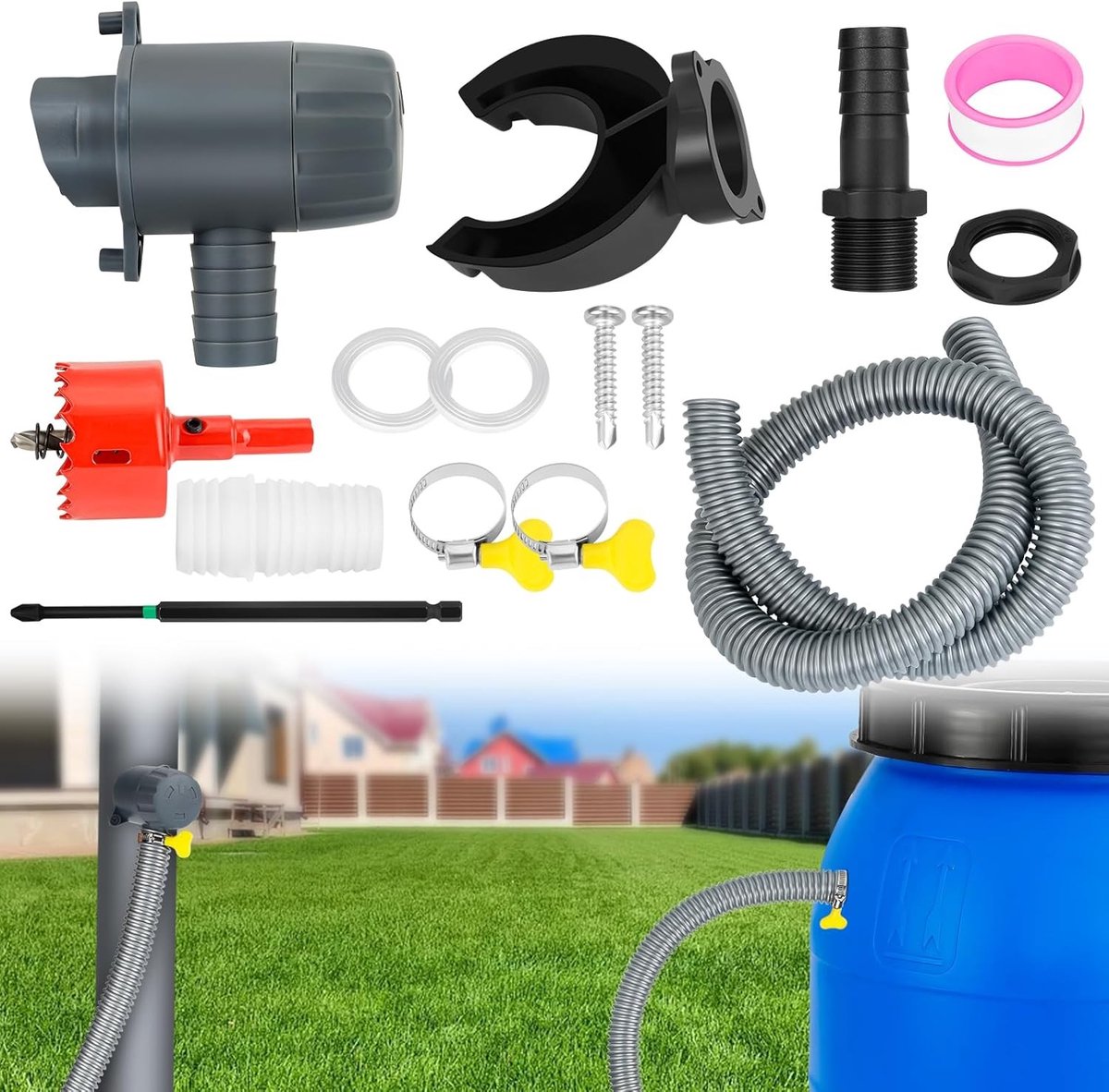 Efficiënte regenwatercollector voor afvoeren 70-110 mm met montagematerialen, ideaal voor daken tot 80 m² en duurzaam waterbeheer