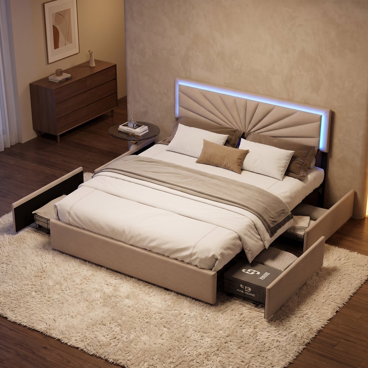 Gestoffeerd bed 160x200 cm met LED en Verstelbaar Hoofdbord, Tweepersoonsbed met opbergruimte en lattenbodem,4 laden,opbergbed,jeugdbed,Bedframe,linnen Beige, zonder matras