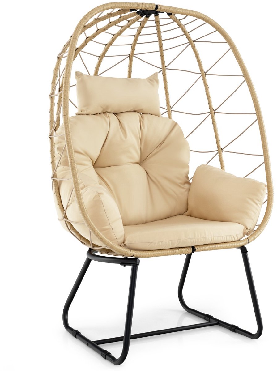 SureDeal® - Ligbed - Rieten Fauteuil Rotan - Afneembaar Kussen - Metalen Tuin Fauteuil - Buiten Binnen - 102x76x147 cm - Beige